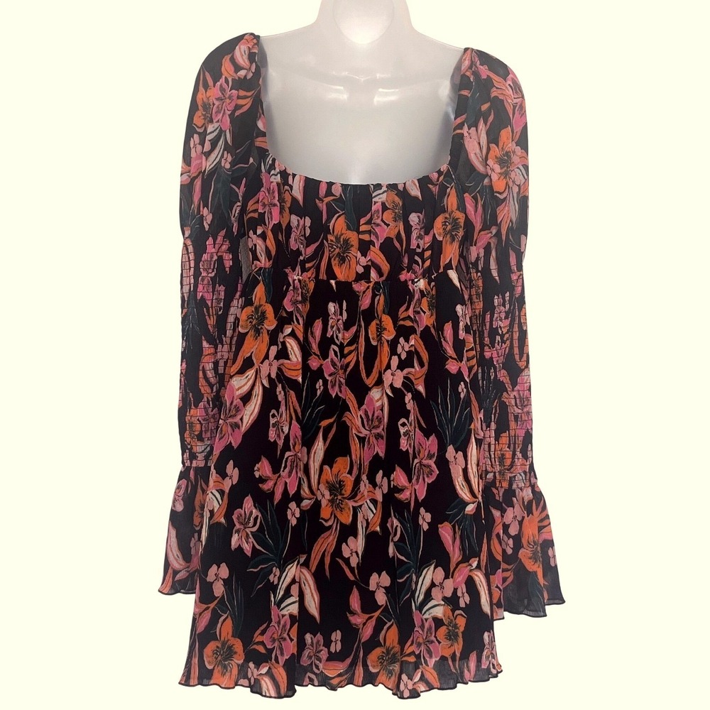 House of Harlow 1960 Floral Print Mini Dress Long Sleeve Square Neck Sz M - Picture 2 of 5